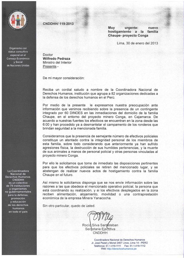 Carta a Ministerio del Interior, Sobre familia Chaupe